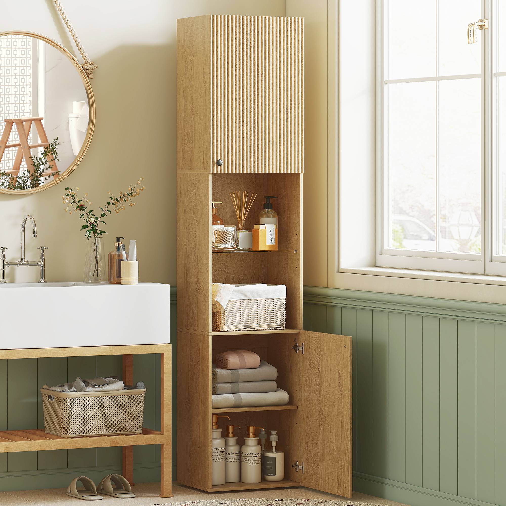 Sans Marque - Armoire salle de bain haute, meuble de rangement colonne 6 niveaux 2 portes et étagères réglables, 40x31x182cm, chêne - Image 3