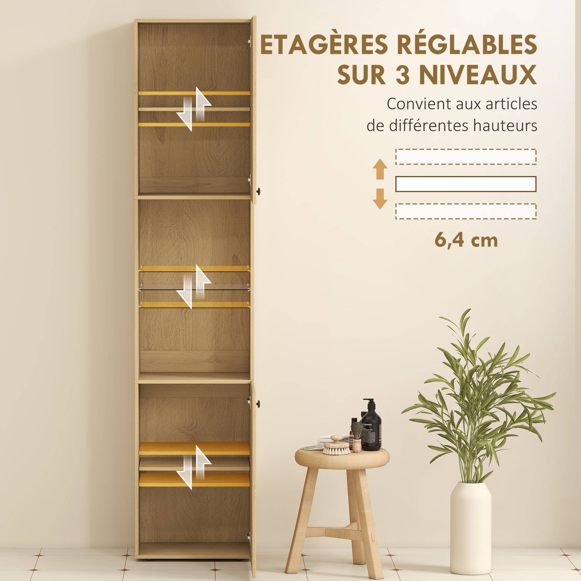 Sans Marque - Armoire salle de bain haute, meuble de rangement colonne 6 niveaux 2 portes et étagères réglables, 40x31x182cm, chêne - Image 7
