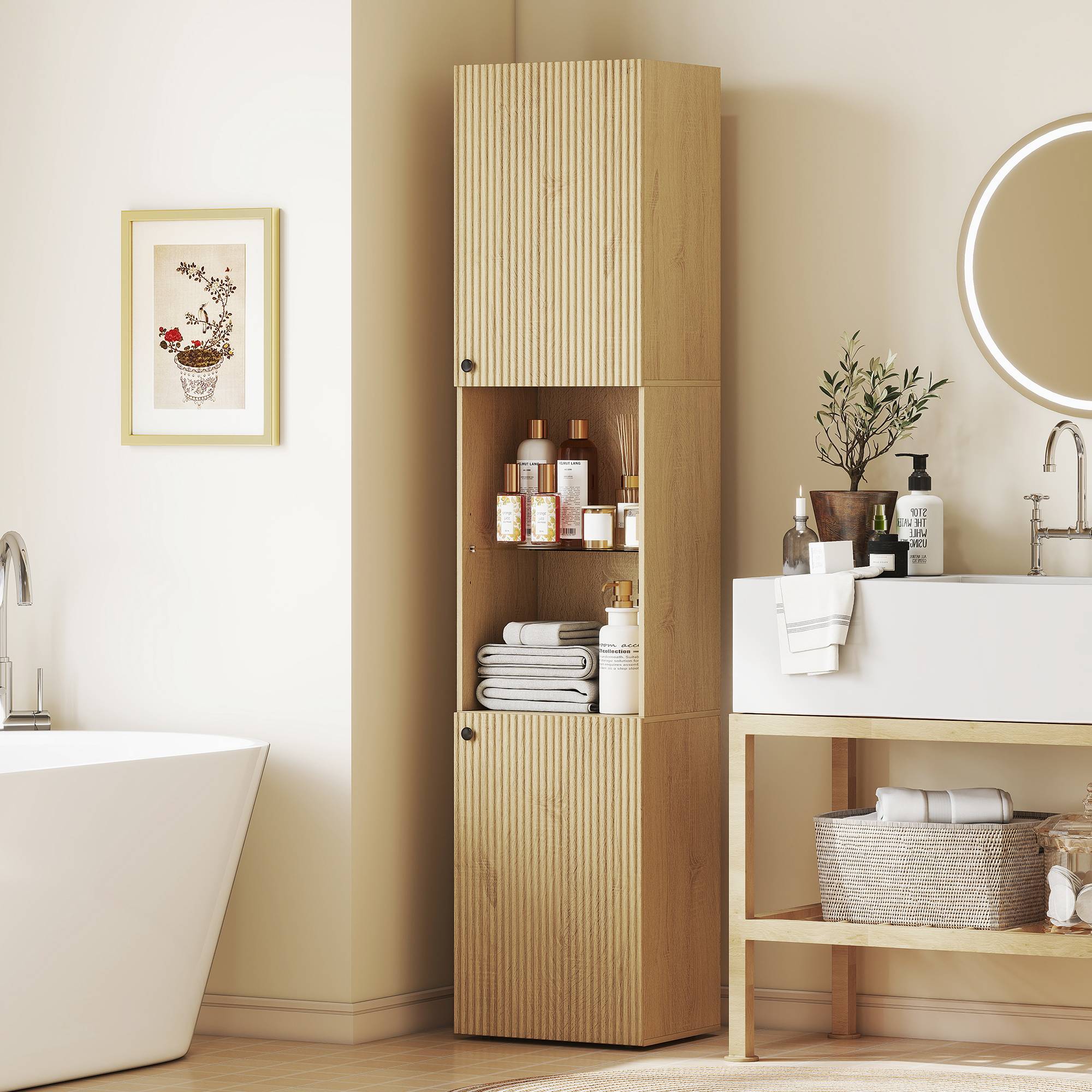 Sans Marque - Armoire salle de bain haute, meuble de rangement colonne 6 niveaux 2 portes et étagères réglables, 40x31x182cm, chêne - Image 4