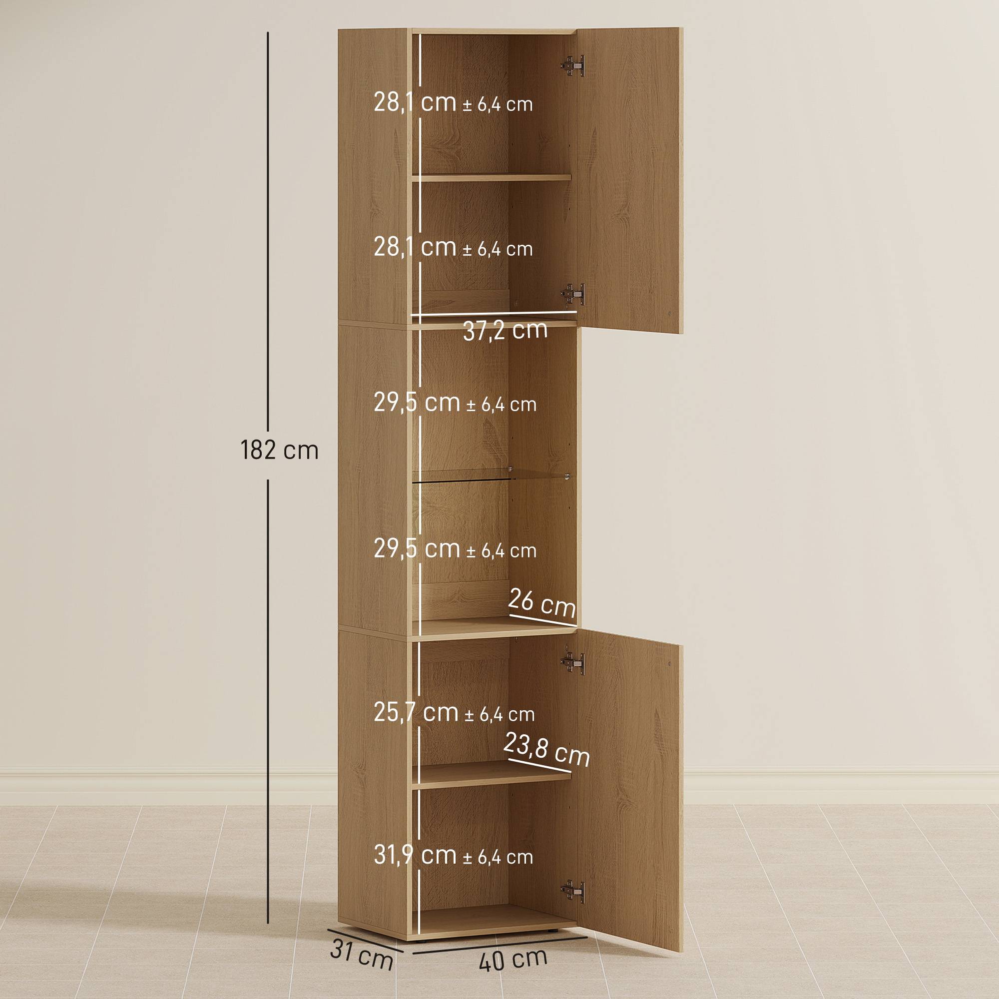 Sans Marque - Armoire salle de bain haute, meuble de rangement colonne 6 niveaux 2 portes et étagères réglables, 40x31x182cm, chêne - Image 5