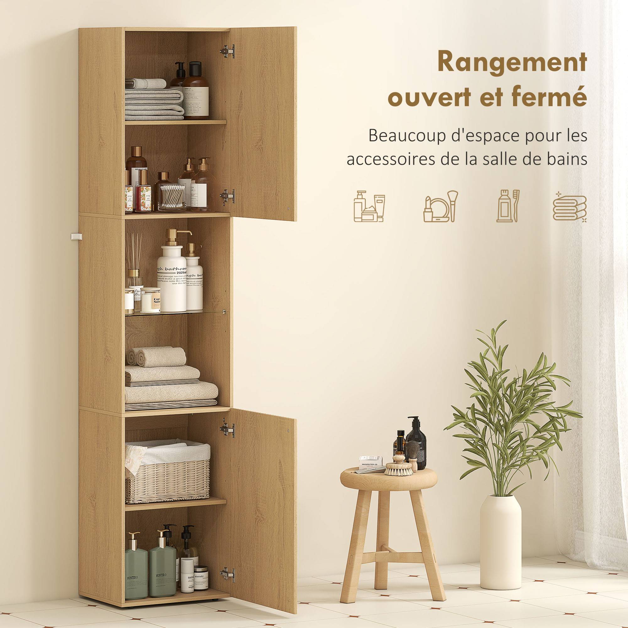 Sans Marque - Armoire salle de bain haute, meuble de rangement colonne 6 niveaux 2 portes et étagères réglables, 40x31x182cm, chêne - Image 6