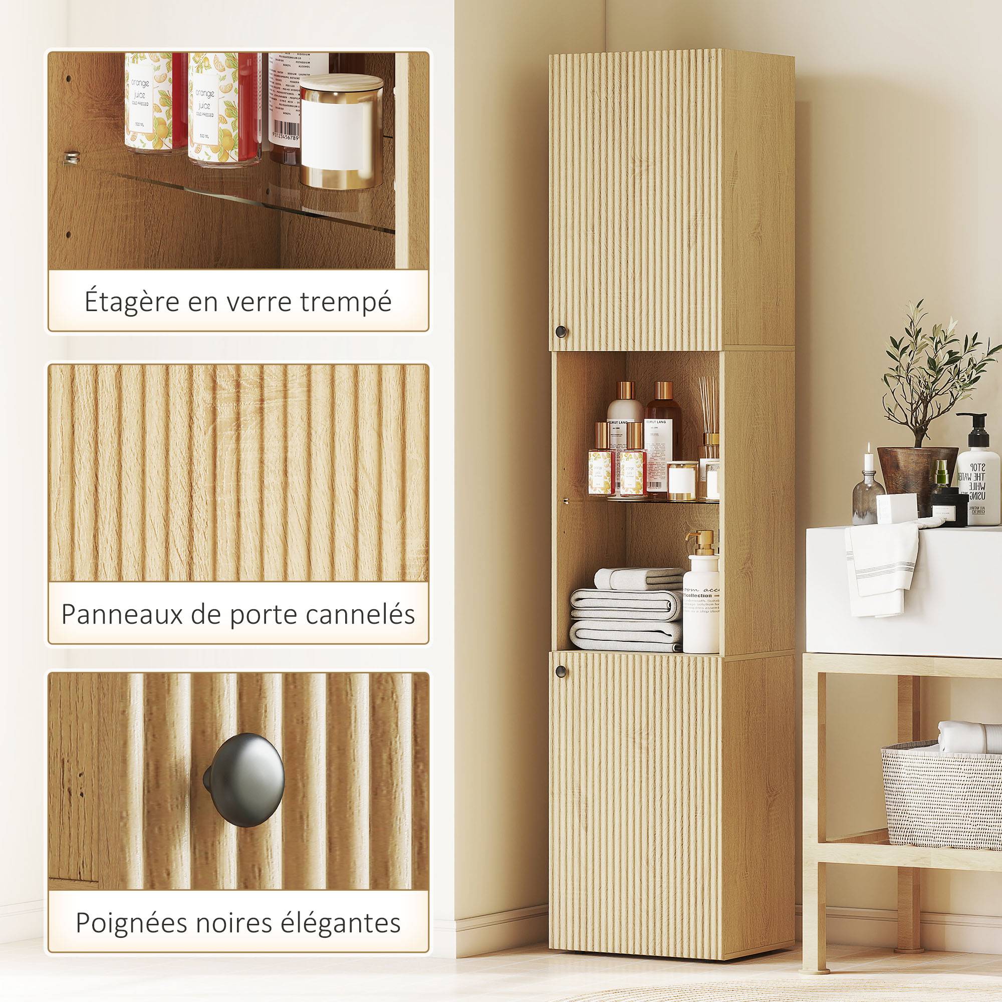 Sans Marque - Armoire salle de bain haute, meuble de rangement colonne 6 niveaux 2 portes et étagères réglables, 40x31x182cm, chêne - Image 9