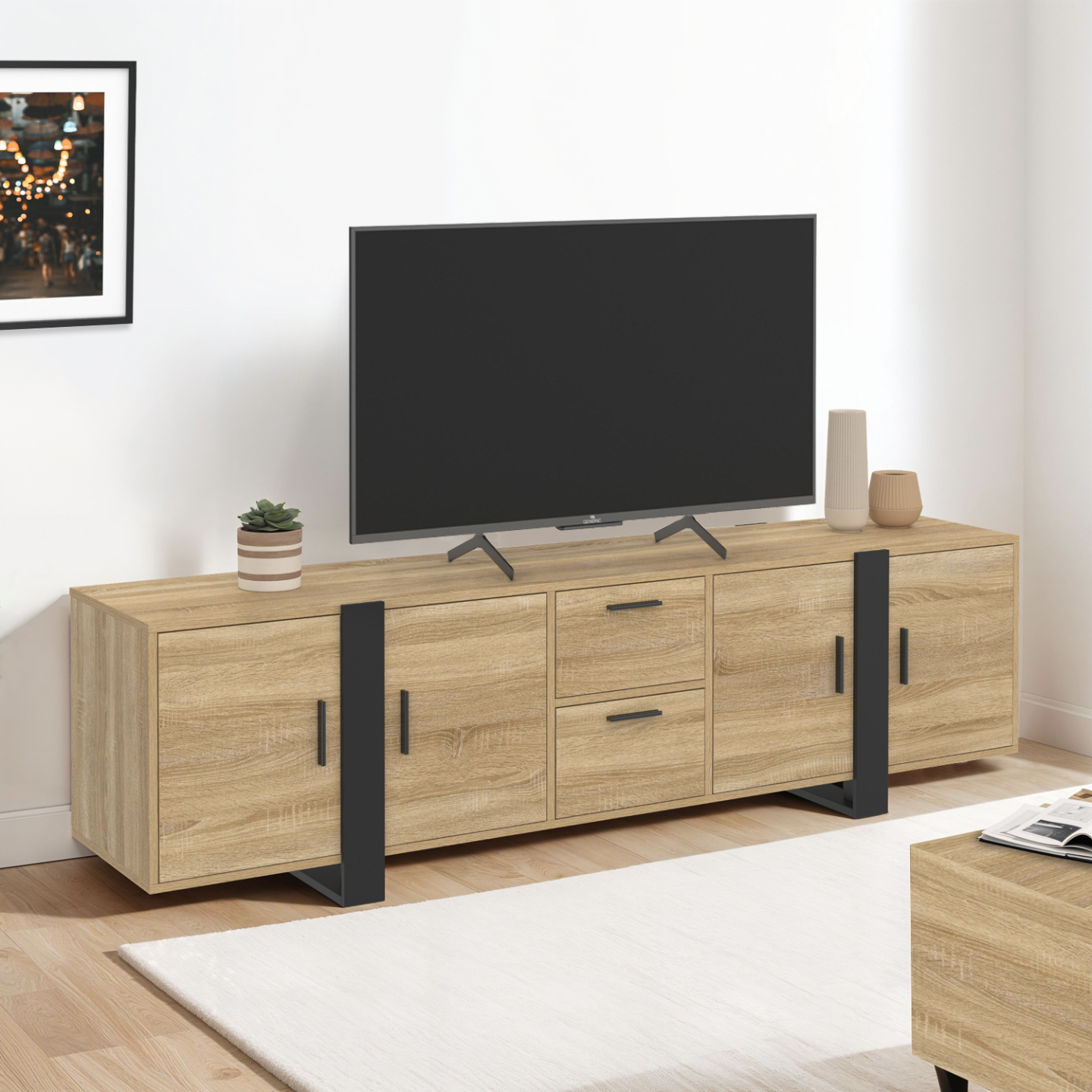 Meuble TV 180 cm PHOENIX avec rangements bois et noir - Image 1