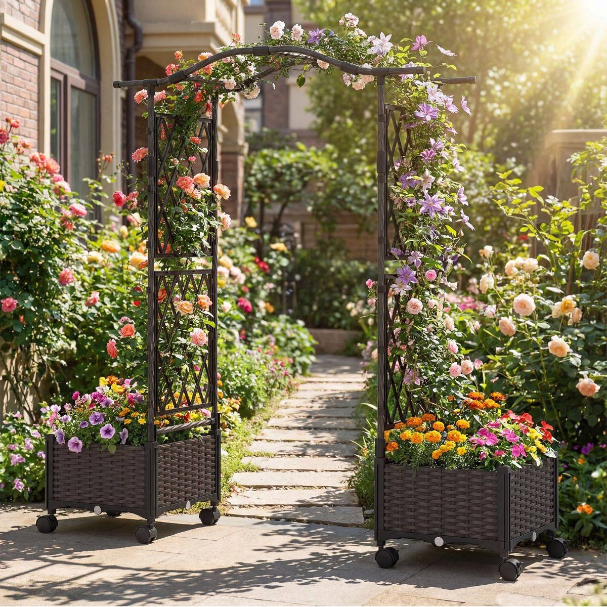 Jardinières en Rotin à Arrosage Automatique avec Treillis et Toit Potager Surélevé 1,5 m de Haut avec Roulettes Verrouillables Brun MAISON CHIC - Image 3