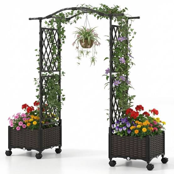 Jardinières en Rotin à Arrosage Automatique avec Treillis et Toit Potager Surélevé 1,5 m de Haut avec Roulettes Verrouillables Brun MAISON CHIC - Image 1