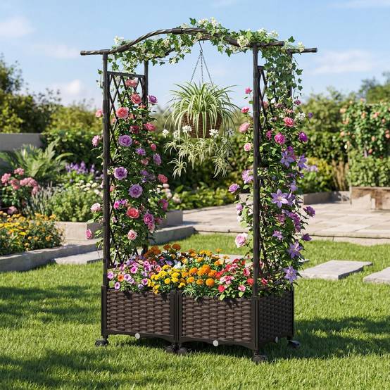 Jardinières en Rotin à Arrosage Automatique avec Treillis et Toit Potager Surélevé 1,5 m de Haut avec Roulettes Verrouillables Brun MAISON CHIC - Image 2