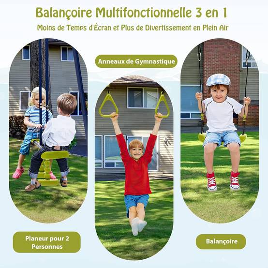 Balançoire Enfants 3-en-1 avec 1 Face à Face-2 Anneaux, 1 Balancelle-Equipement 3 à 10 Ans - Image 1