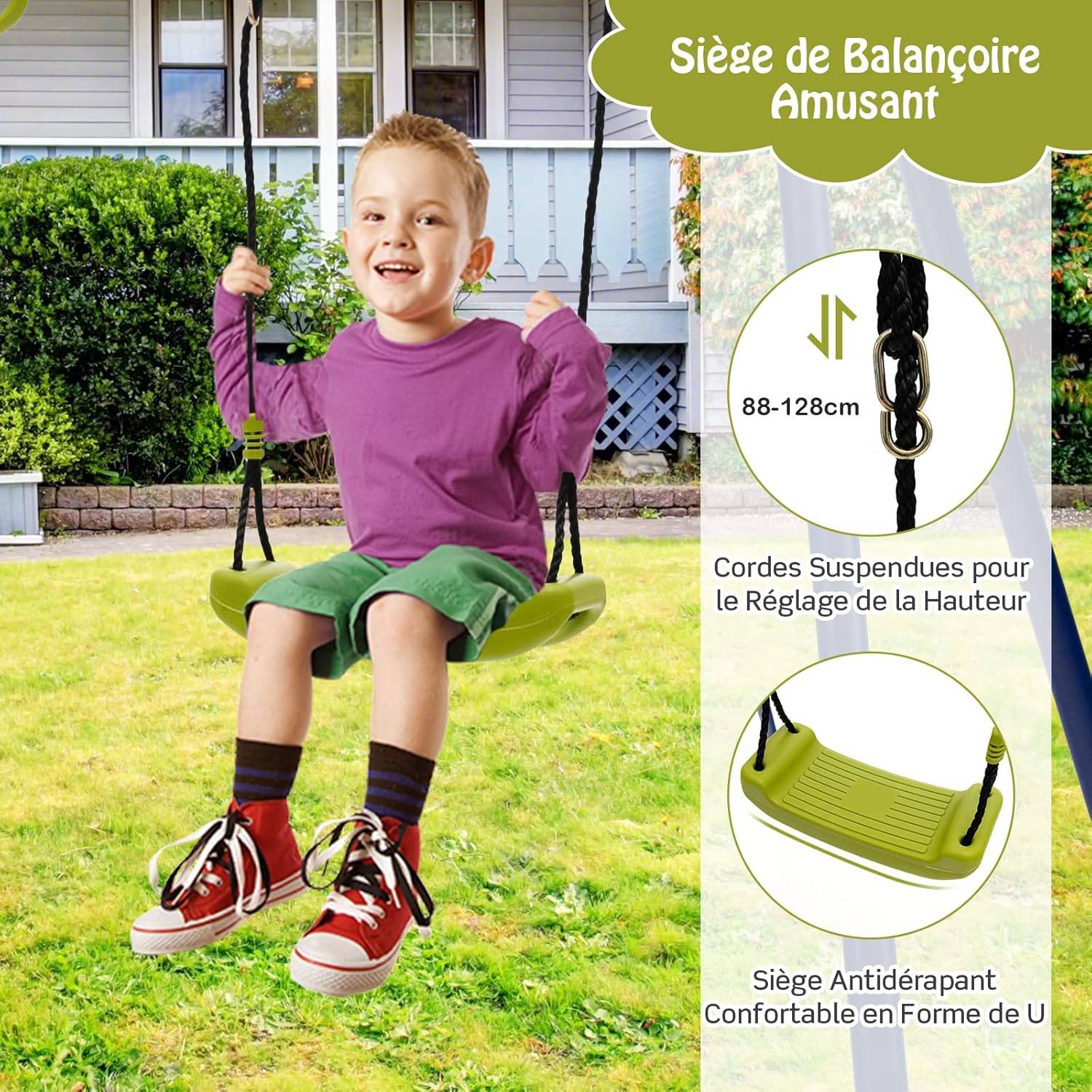 Balançoire Enfants 3-en-1 avec 1 Face à Face-2 Anneaux, 1 Balancelle-Equipement 3 à 10 Ans - Image 2