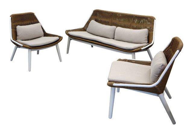 Proloisirs - Set Como ensemble 3 pièces en aluminium/rope/wicker avec coussin - blanc/twist naturel