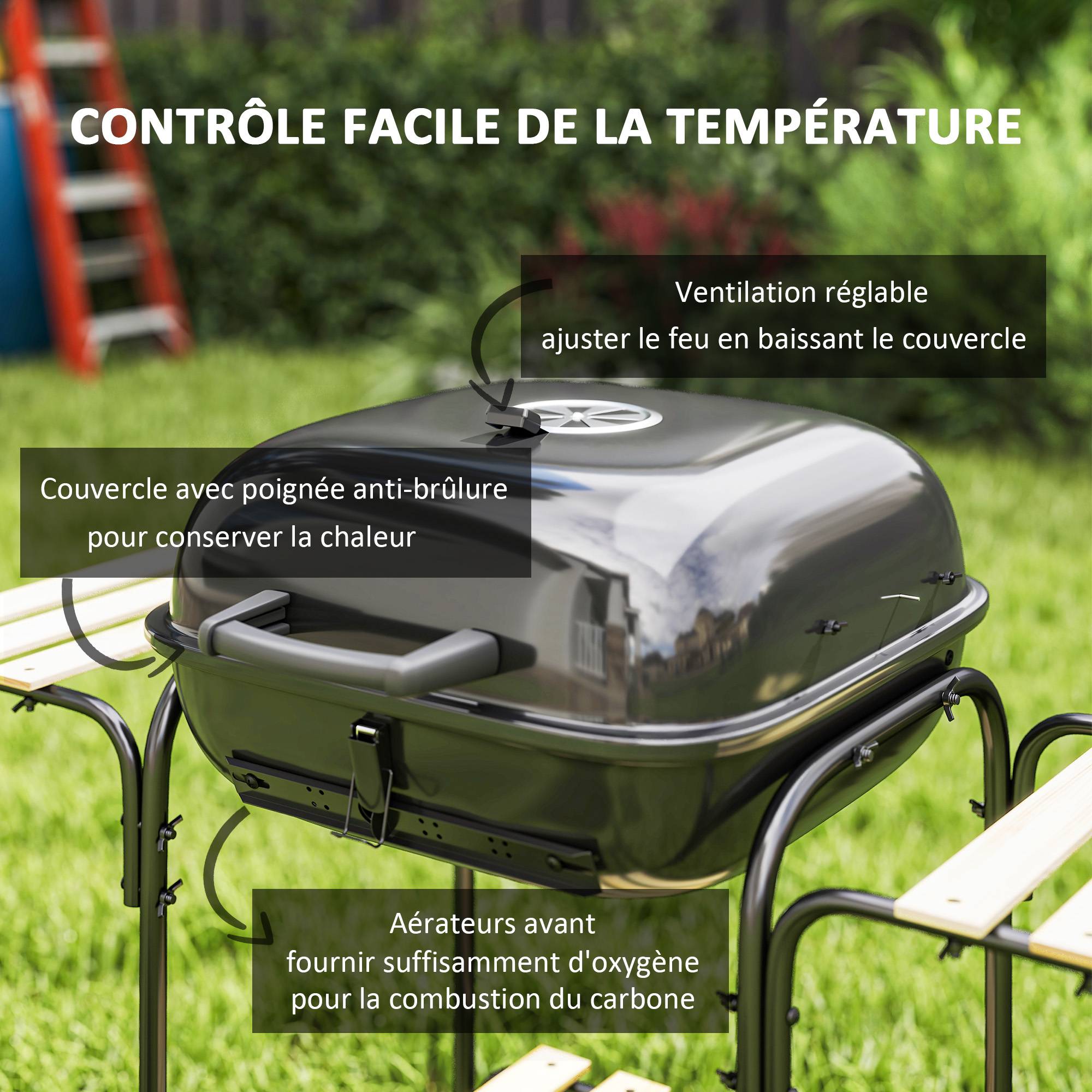 Barbecue à charbon chariot acier jardin couvercle surface 1840 cm² noir 98 cm - ComfortXL Outdoor Living - Image 7