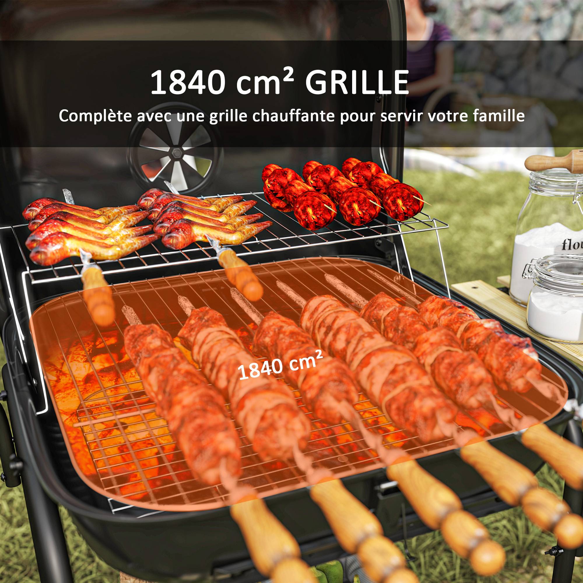 Barbecue à charbon chariot acier jardin couvercle surface 1840 cm² noir 98 cm - ComfortXL Outdoor Living - Image 6