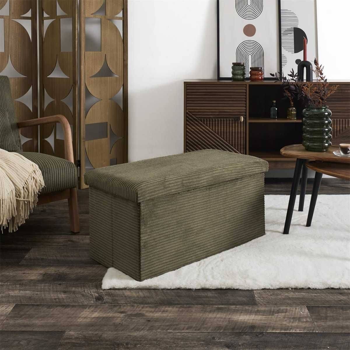 Banc coffre pliable côtelé vert 76x38 cm - AMORY - Image 2
