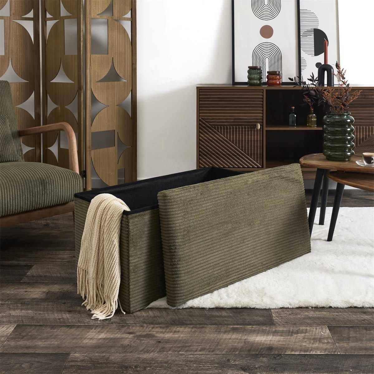 Banc coffre pliable côtelé vert 76x38 cm - AMORY - Image 4