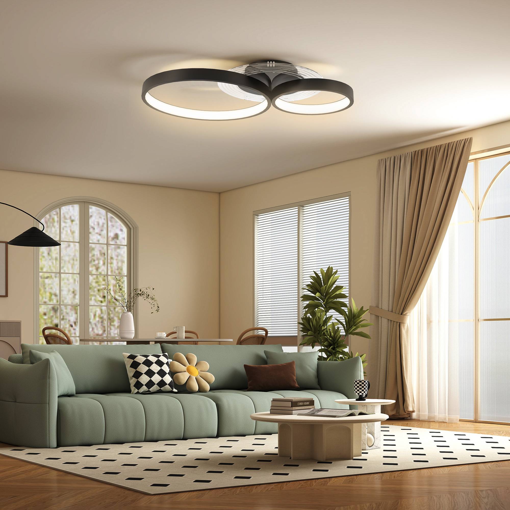 Sans Marque - Plafonnier LED moderne 3 anneaux température couleur réglable puissance 40 W noir - Image 3