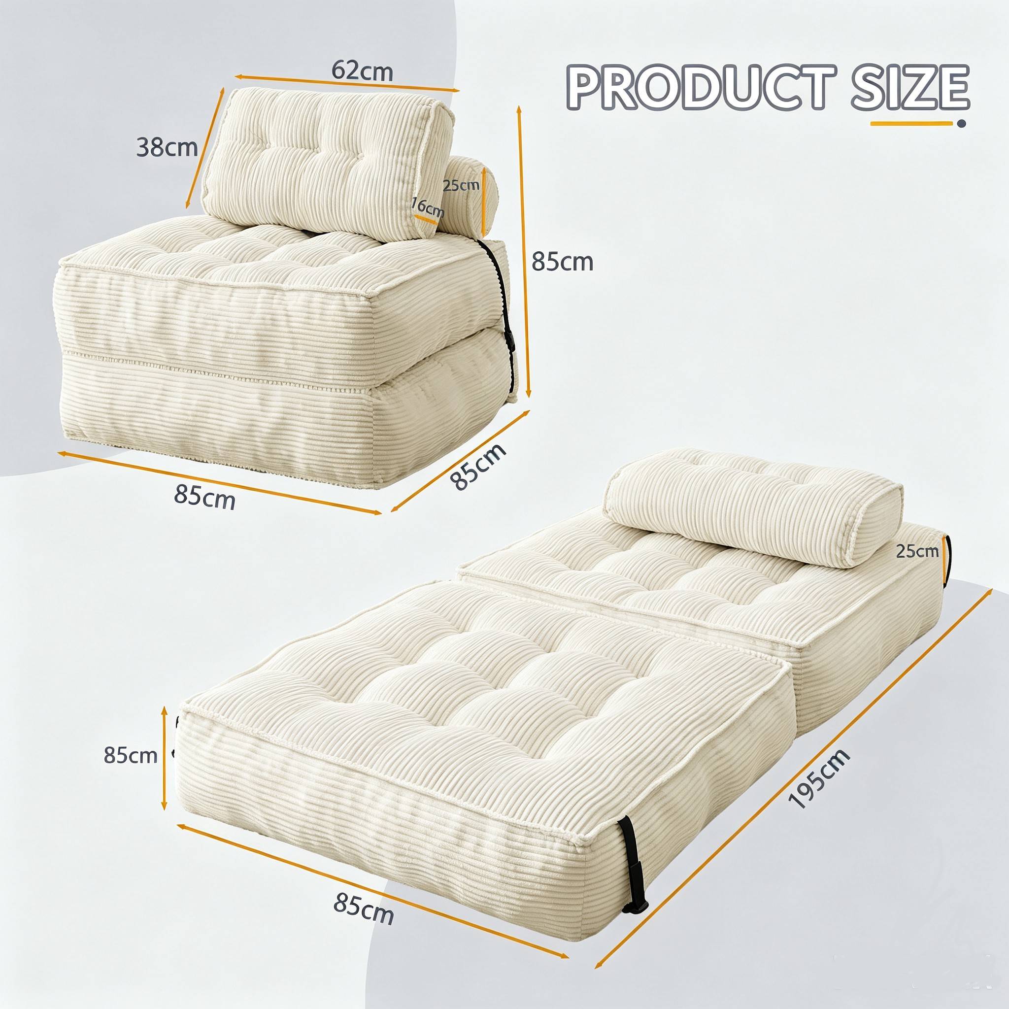 Sans Marque - Canapé‑Lit Pliant 3‑en‑1 Velours Côtelé, Fauteuil Gain de Place Sans Montage, Lit d’appoint Invité pour Petit Appartement Salon Chambre - Image 5
