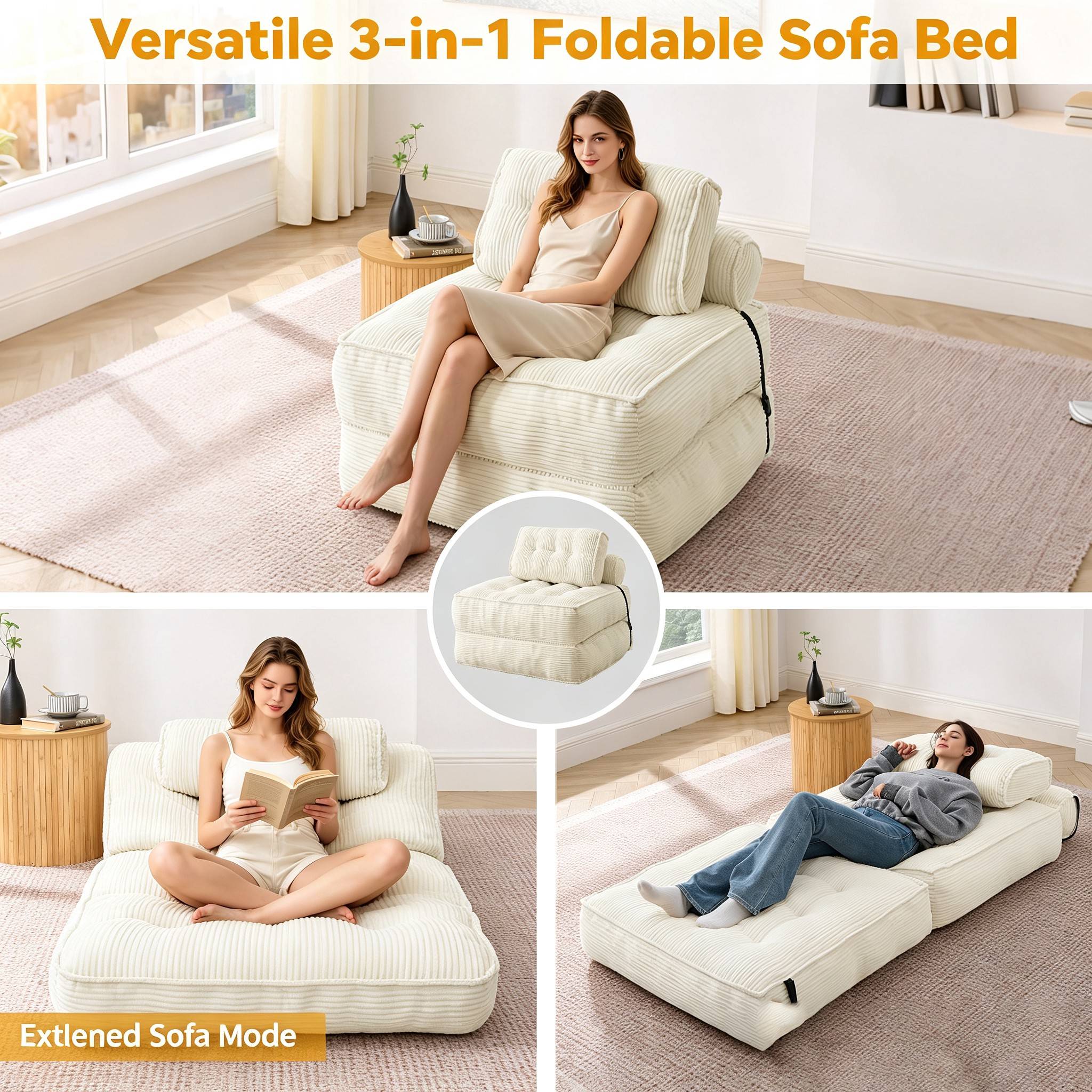 Sans Marque - Canapé‑Lit Pliant 3‑en‑1 Velours Côtelé, Fauteuil Gain de Place Sans Montage, Lit d’appoint Invité pour Petit Appartement Salon Chambre - Image 2