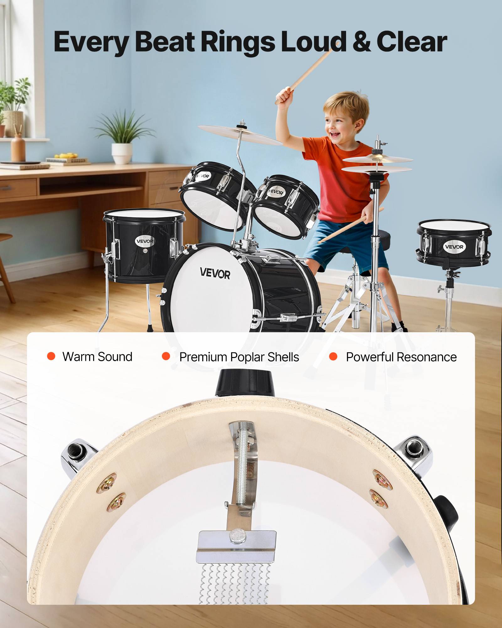 Vevor - VEVOR Batterie enfant 5 pcs, grosse caisse 35,56 cm, toms et caisse claire, siège réglable, baguettes, kit complet pour 6-13 ans, noir - Image 4