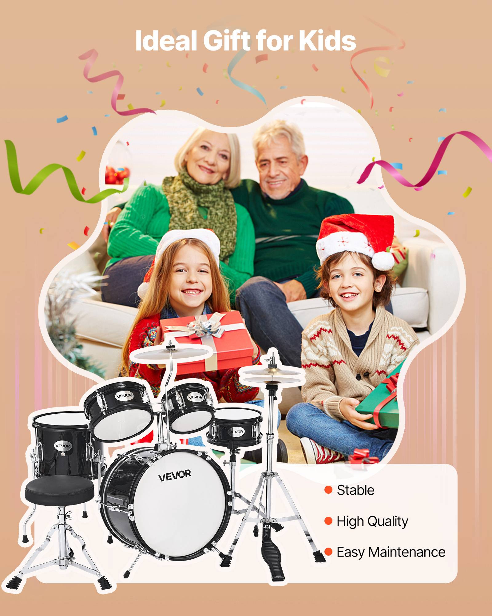 Vevor - VEVOR Batterie enfant 5 pcs, grosse caisse 35,56 cm, toms et caisse claire, siège réglable, baguettes, kit complet pour 6-13 ans, noir - Image 6