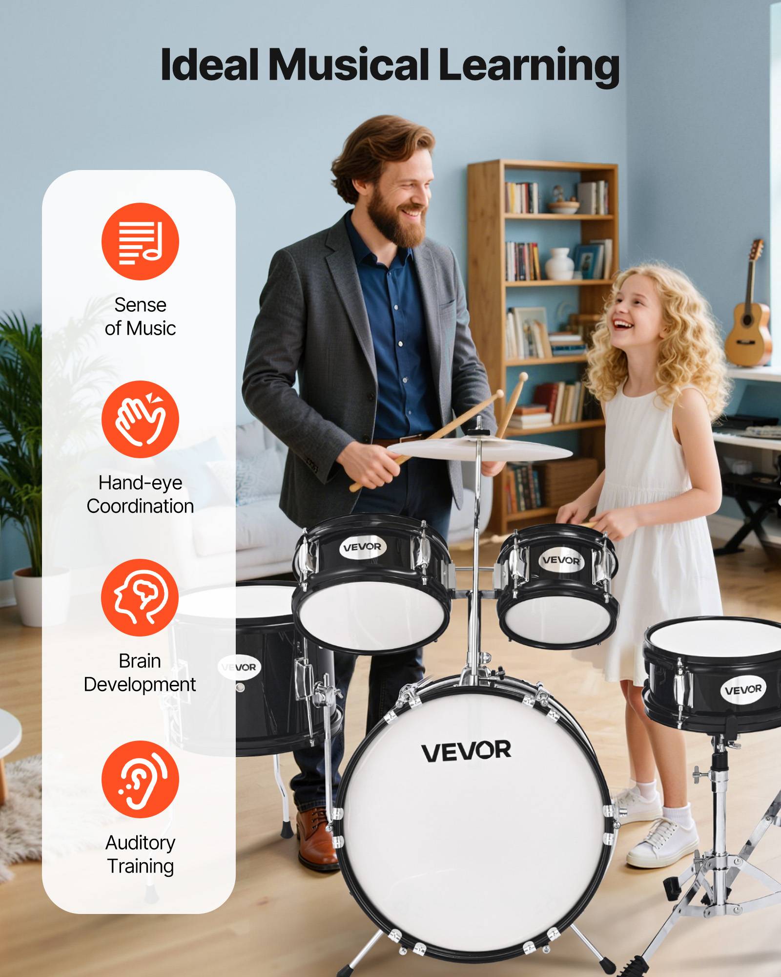 Vevor - VEVOR Batterie enfant 5 pcs, grosse caisse 35,56 cm, toms et caisse claire, siège réglable, baguettes, kit complet pour 6-13 ans, noir - Image 7