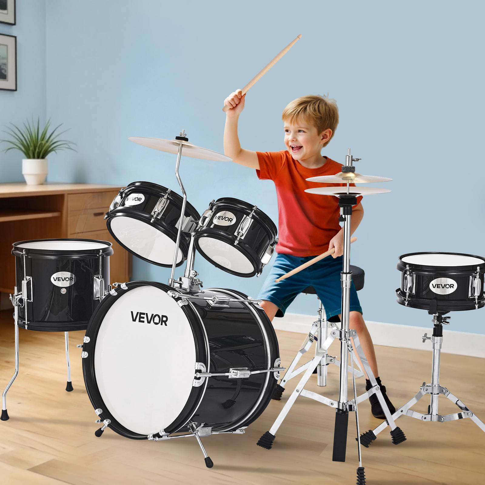 Vevor - VEVOR Batterie enfant 5 pcs, grosse caisse 35,56 cm, toms et caisse claire, siège réglable, baguettes, kit complet pour 6-13 ans, noir - Image 8