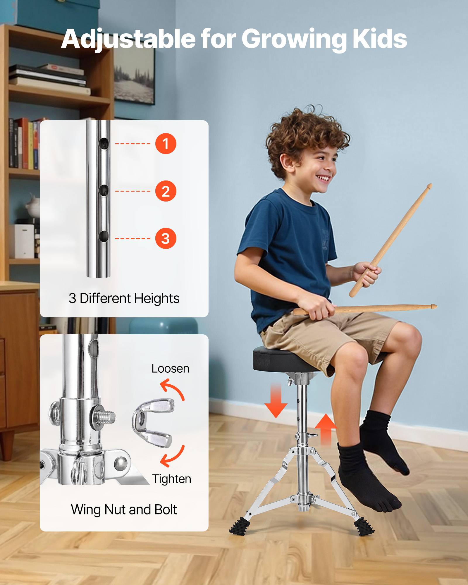 Vevor - VEVOR Batterie enfant 5 pcs, grosse caisse 35,56 cm, toms et caisse claire, siège réglable, baguettes, kit complet pour 6-13 ans, noir - Image 5