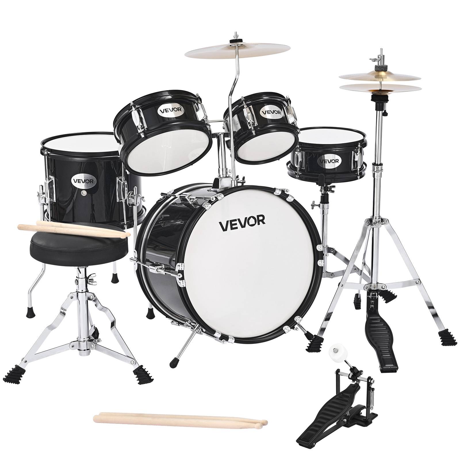 Vevor - VEVOR Batterie enfant 5 pcs, grosse caisse 35,56 cm, toms et caisse claire, siège réglable, baguettes, kit complet pour 6-13 ans, noir - Image 1
