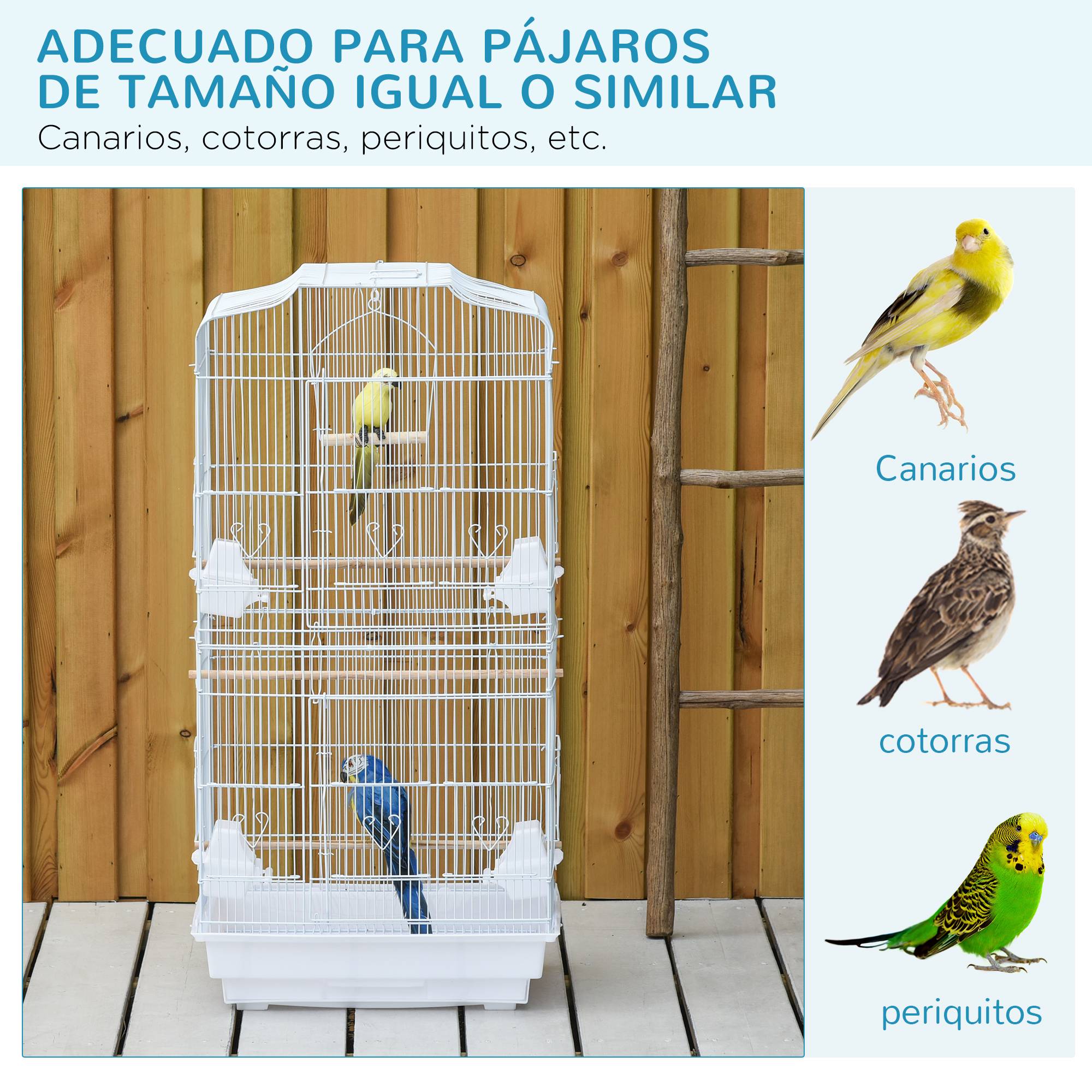 Cage à oiseaux en métal Pajarera avec 4 mangeoires, 3 perchoirs Columpio et plateau amovible 46,5 x 35,5 x 92 cm Blanc - Image 9