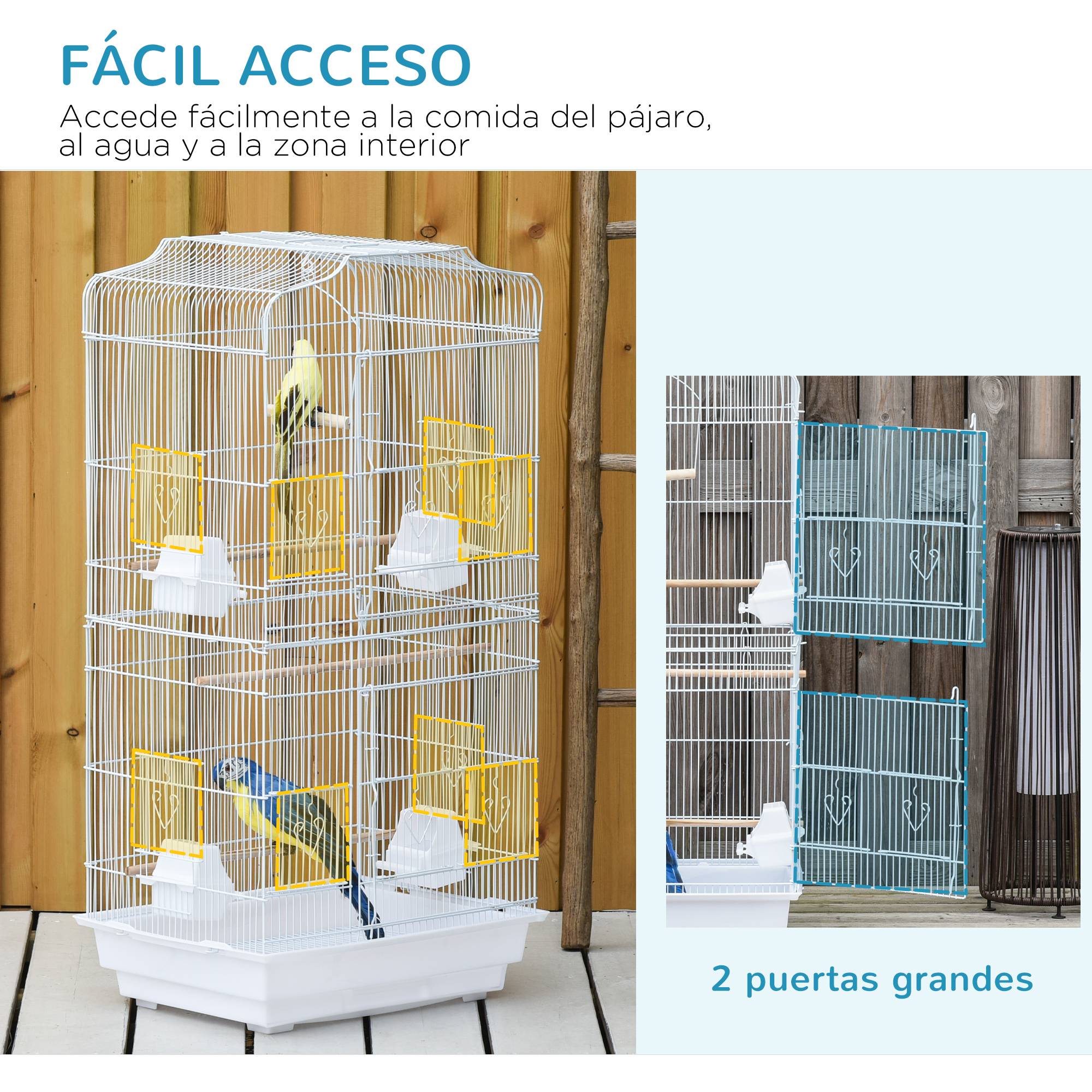 Cage à oiseaux en métal Pajarera avec 4 mangeoires, 3 perchoirs Columpio et plateau amovible 46,5 x 35,5 x 92 cm Blanc - Image 6
