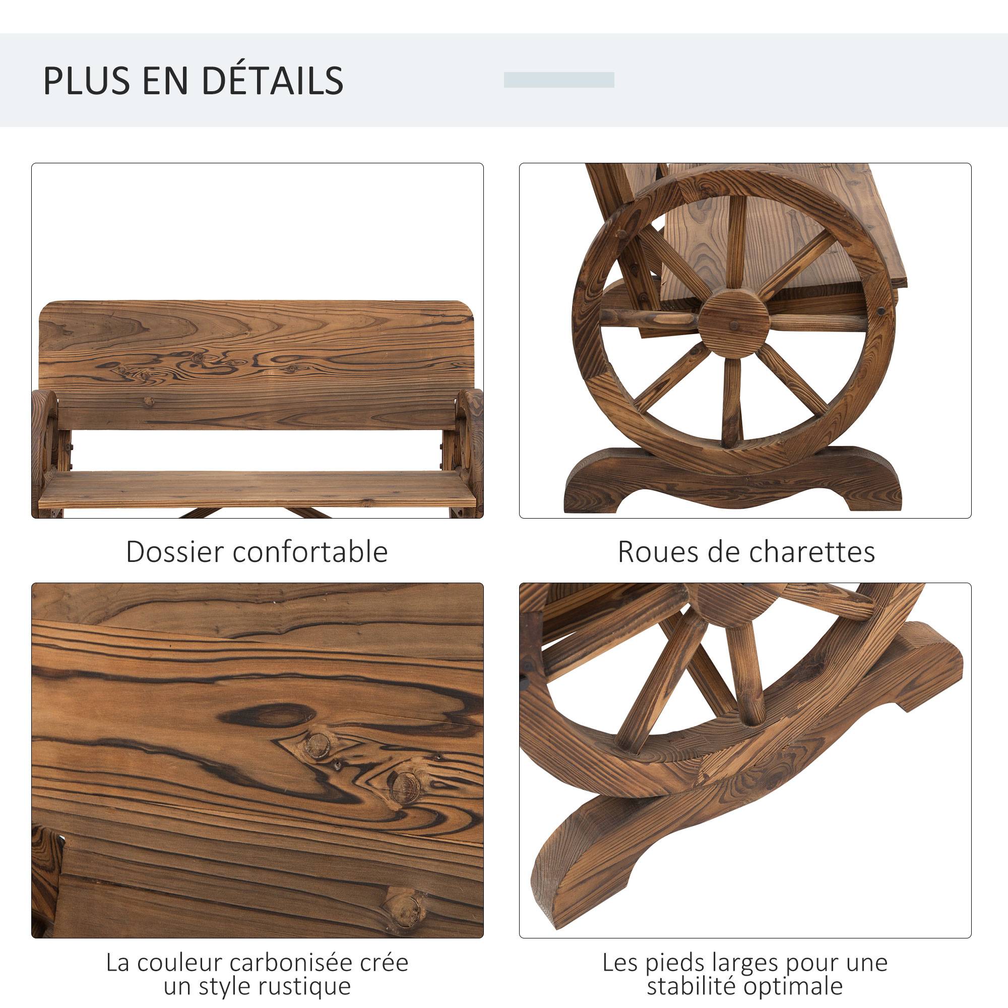 Banc de Jardin 3 Places Style Rustique Chic accoudoirs Roues de Charette Bois Sapin traité carbonisation - Image 8