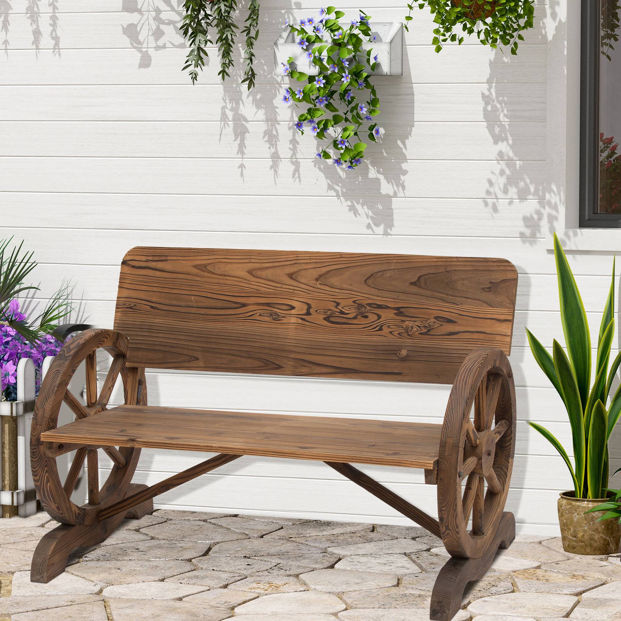 Banc de Jardin 3 Places Style Rustique Chic accoudoirs Roues de Charette Bois Sapin traité carbonisation - Image 3