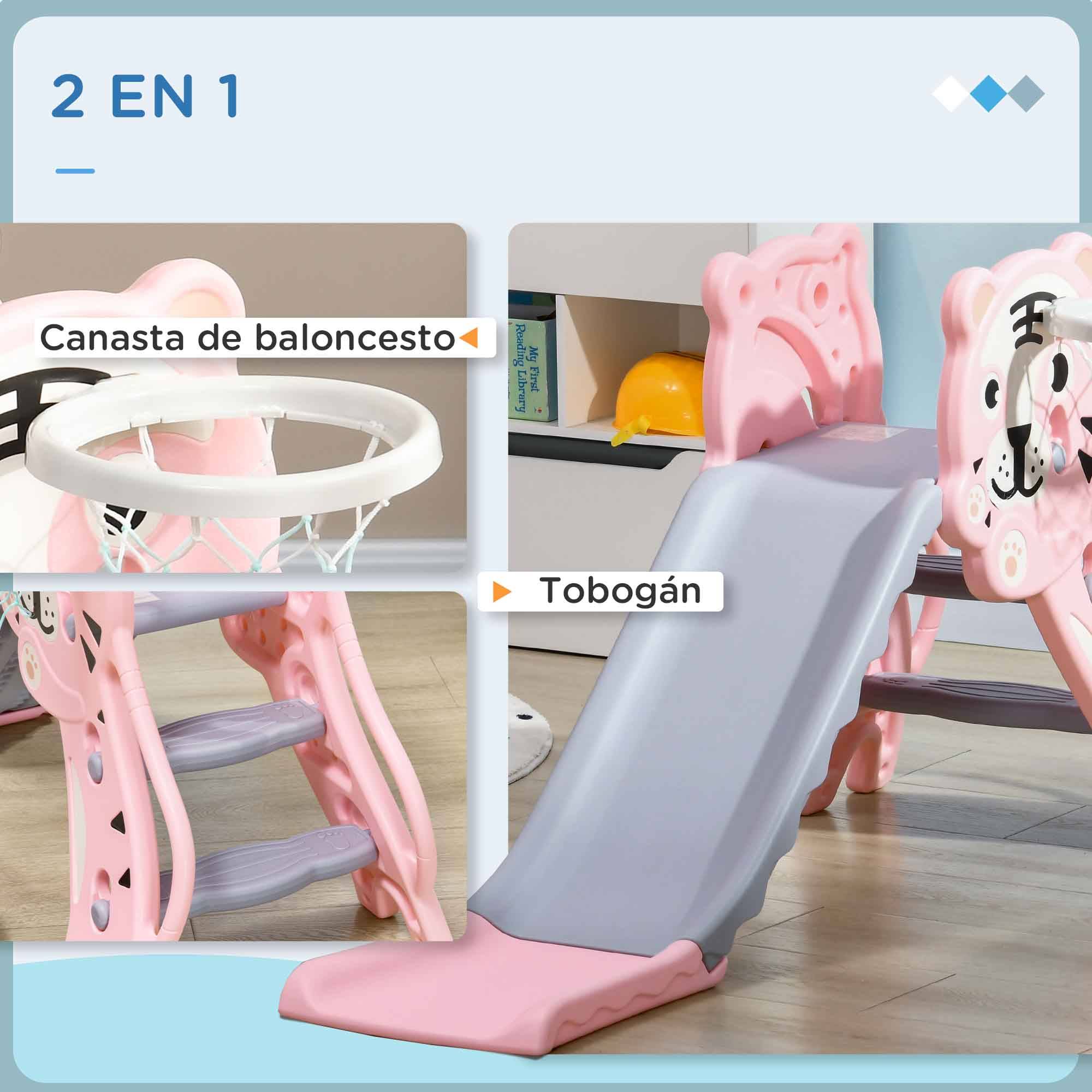 Toboggan pour enfants de 18 à 36 mois avec 2 échelles, 1 panier de basket et motif tigre 133 x 60 x 70 cm Rose et gris - Image 6
