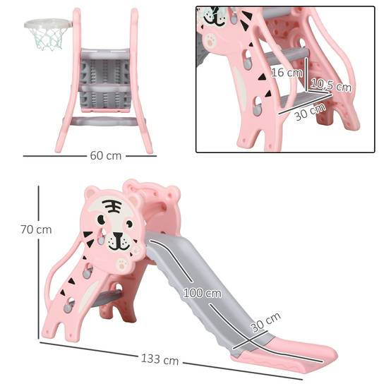 Toboggan pour enfants de 18 à 36 mois avec 2 échelles, 1 panier de basket et motif tigre 133 x 60 x 70 cm Rose et gris - Image 5