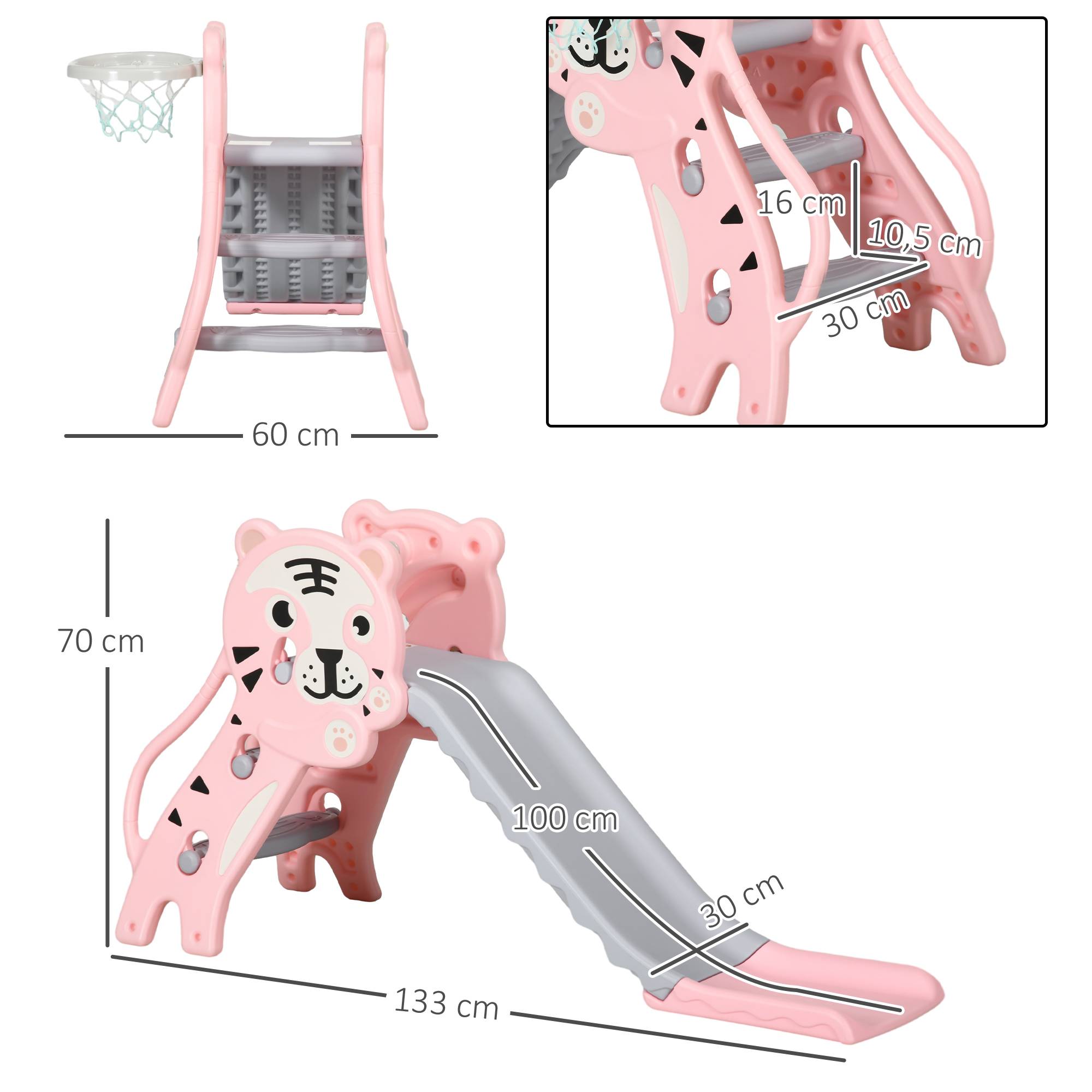 Toboggan pour enfants de 18 à 36 mois avec 2 échelles, 1 panier de basket et motif tigre 133 x 60 x 70 cm Rose et gris - Image 5
