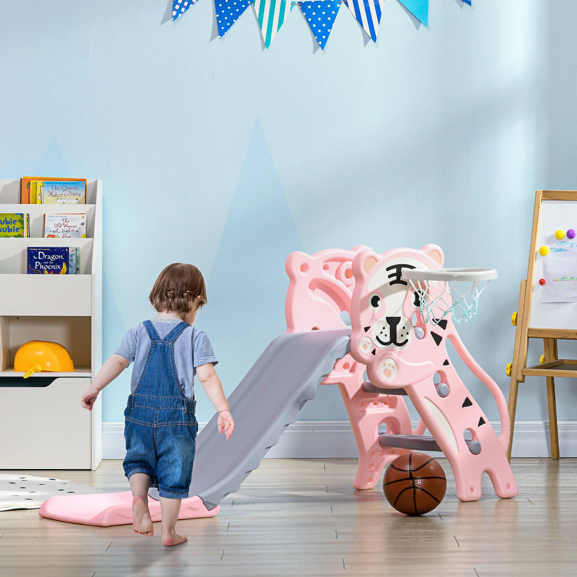 Toboggan pour enfants de 18 à 36 mois avec 2 échelles, 1 panier de basket et motif tigre 133 x 60 x 70 cm Rose et gris - Image 3
