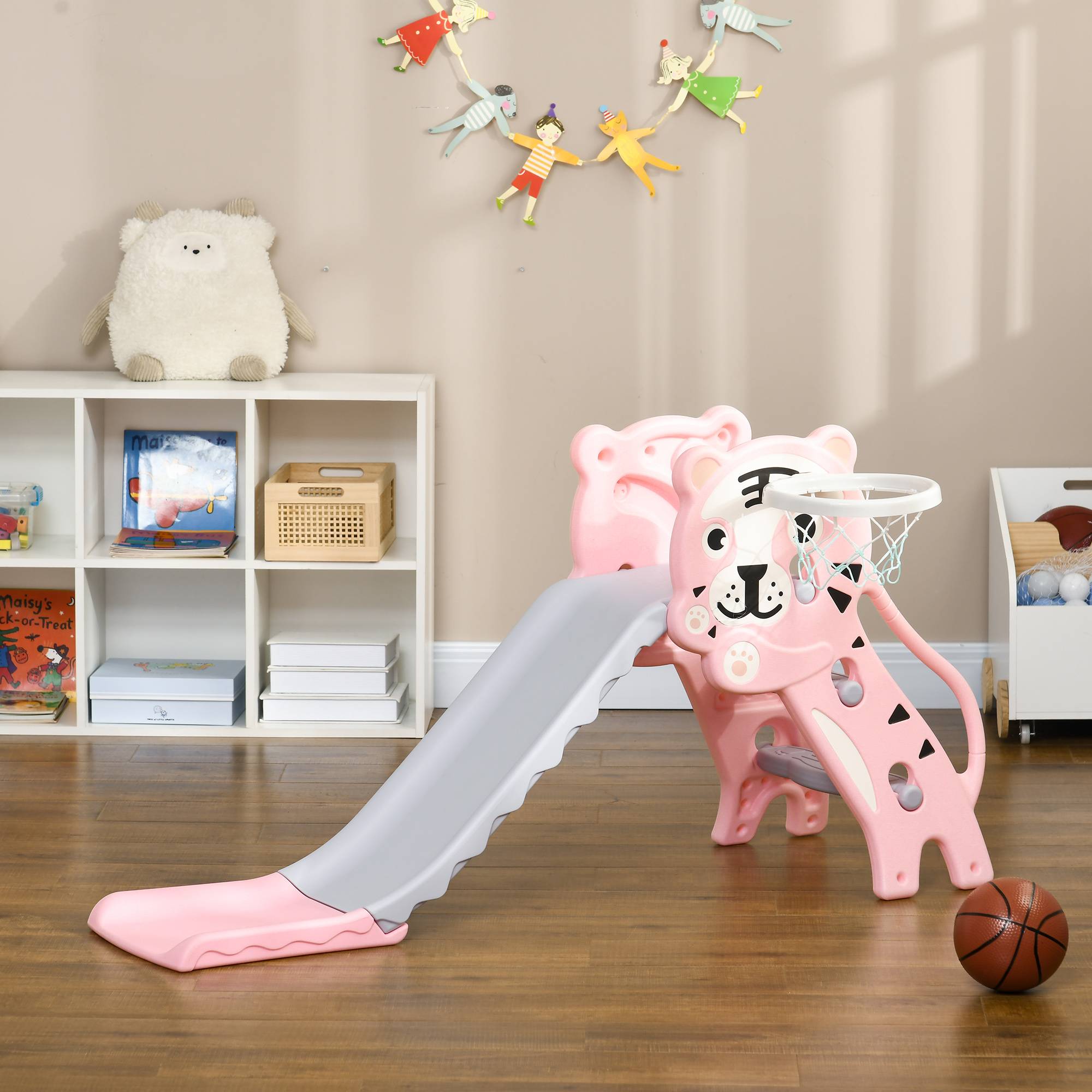 Toboggan pour enfants de 18 à 36 mois avec 2 échelles, 1 panier de basket et motif tigre 133 x 60 x 70 cm Rose et gris - Image 4