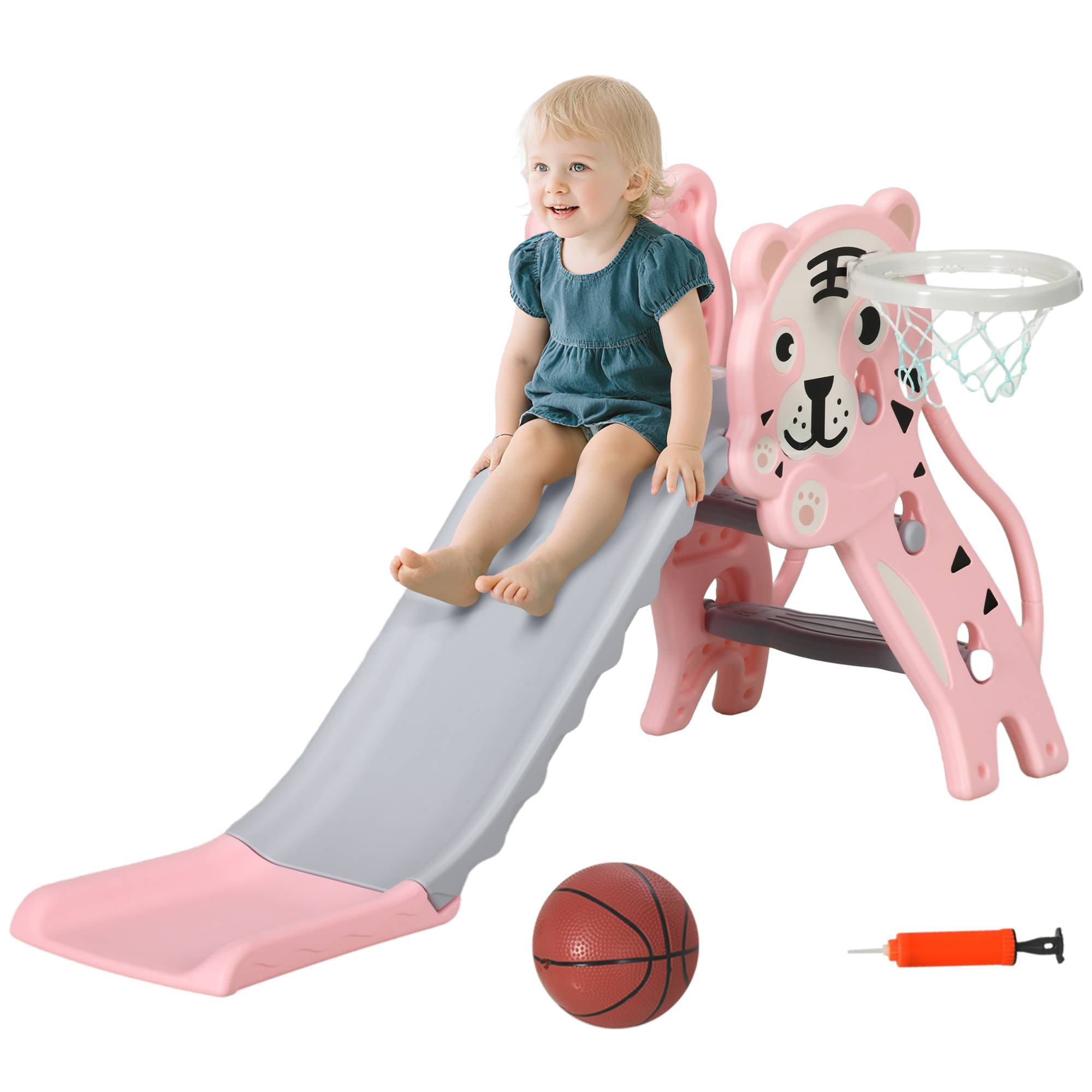 Toboggan pour enfants de 18 à 36 mois avec 2 échelles, 1 panier de basket et motif tigre 133 x 60 x 70 cm Rose et gris - Image 1