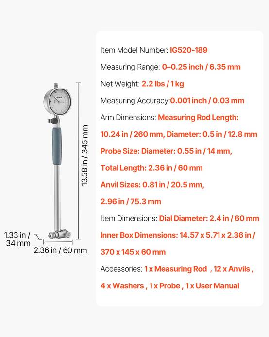 Vevor - VEVOR comparateur à cadran pour alésage, précision 0,03 mm, plage 0–6,35 mm, cadran 60 mm, kit avec tige, enclumes et boîte de rangement. - Image 6