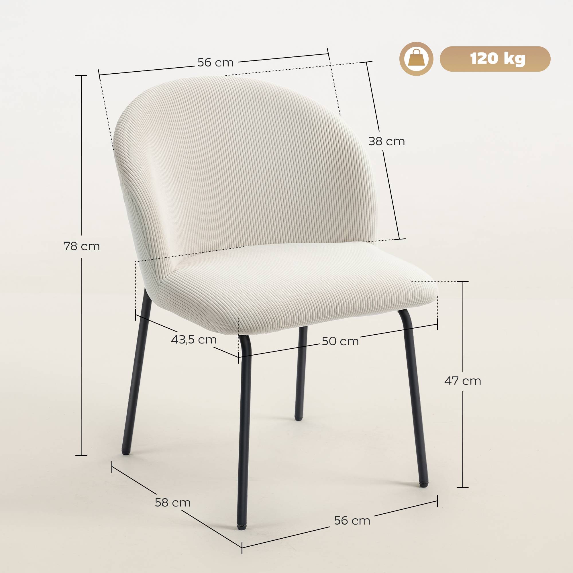 Lot de 2 chaises de salle à manger en velours côtelé, chaises de cuisine avec pieds en acier, 56x58x78cm, crème - Image 5
