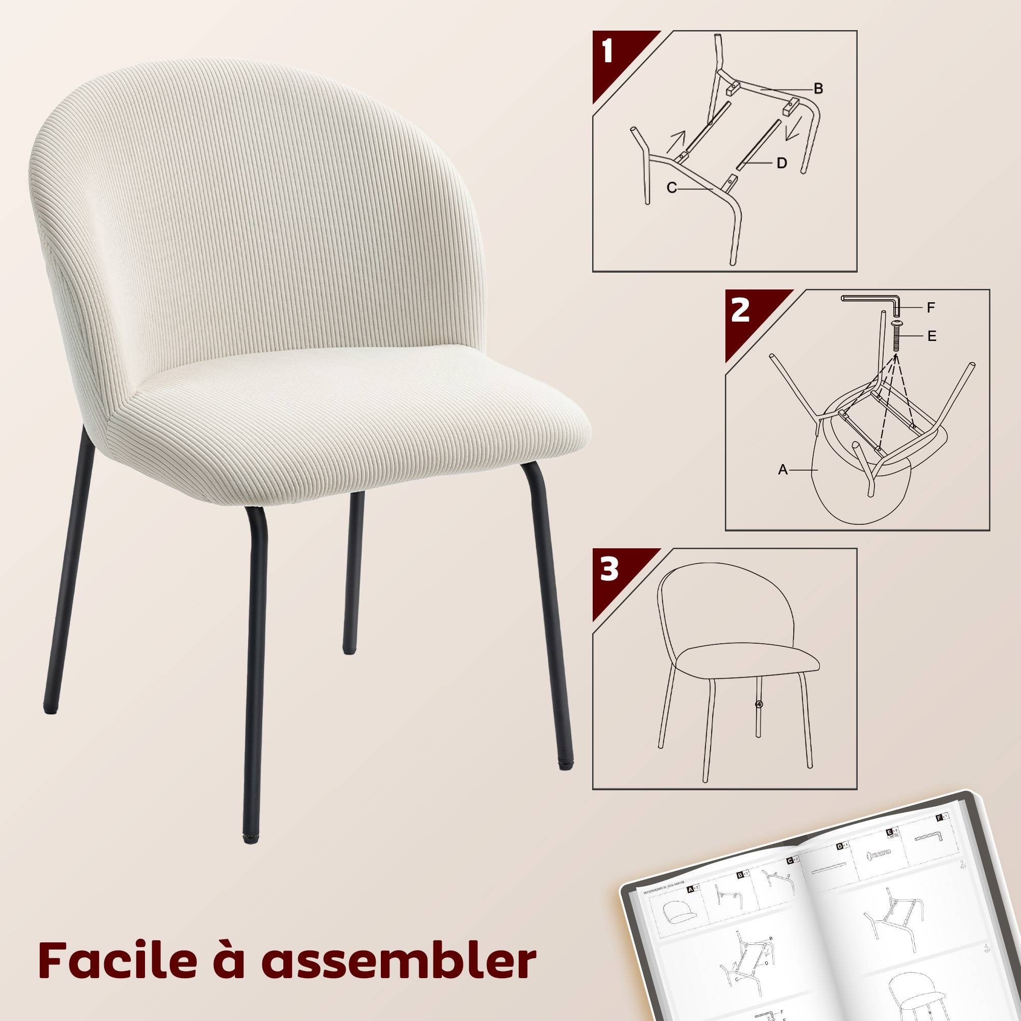 Lot de 2 chaises de salle à manger en velours côtelé, chaises de cuisine avec pieds en acier, 56x58x78cm, crème - Image 9