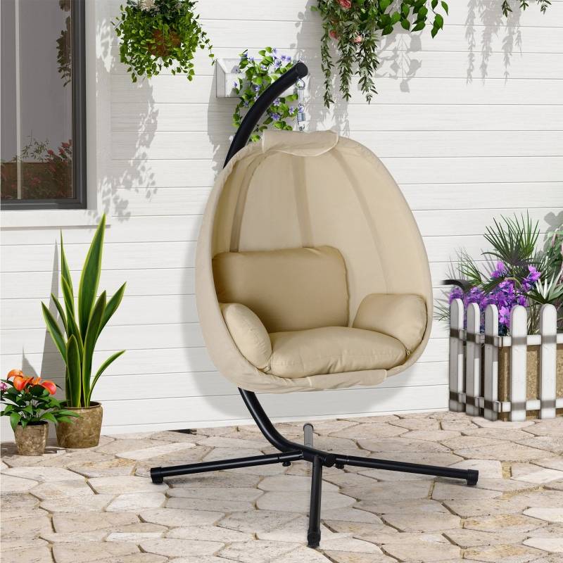 Fauteuil Suspendu Œuf Pliable Métal Jardin Coussin Kaki 125x95x170cm - ComfortXL Outdoor Living - Image 1