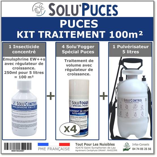 SOLU'Puces - Kit de traitement Puces 100m² avec 1 Emulsphrine ew+s, 4 one-shot Solu'Fogger, 1 pulverisateur 5 L - Image 1
