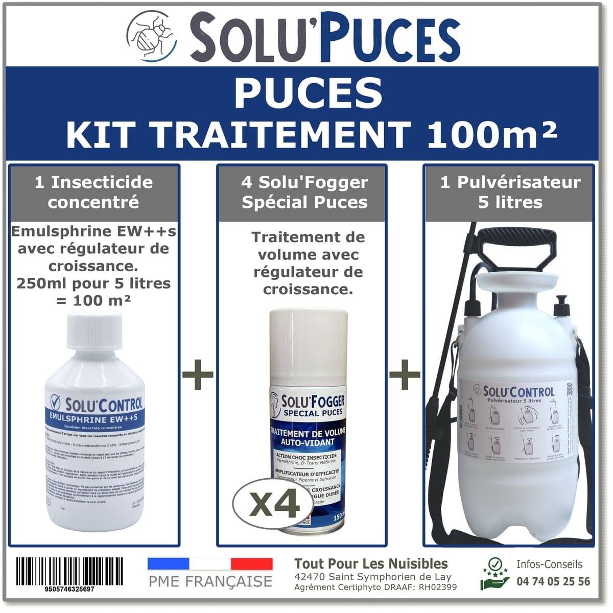 SOLU'Puces - Kit de traitement Puces 100m² avec 1 Emulsphrine ew+s, 4 one-shot Solu'Fogger, 1 pulverisateur 5 L - Image 1
