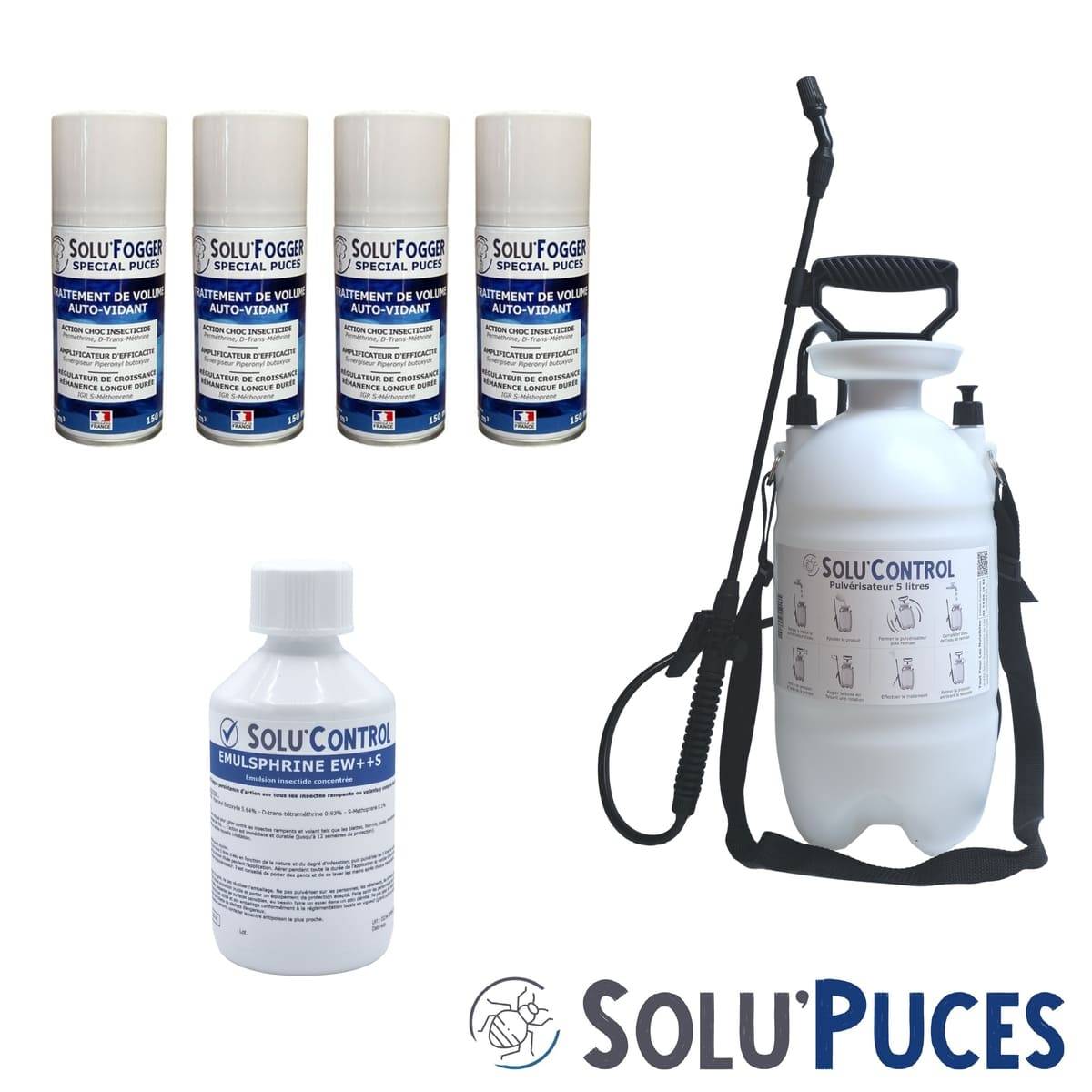 SOLU'Puces - Kit de traitement Puces 100m² avec 1 Emulsphrine ew+s, 4 one-shot Solu'Fogger, 1 pulverisateur 5 L - Image 2