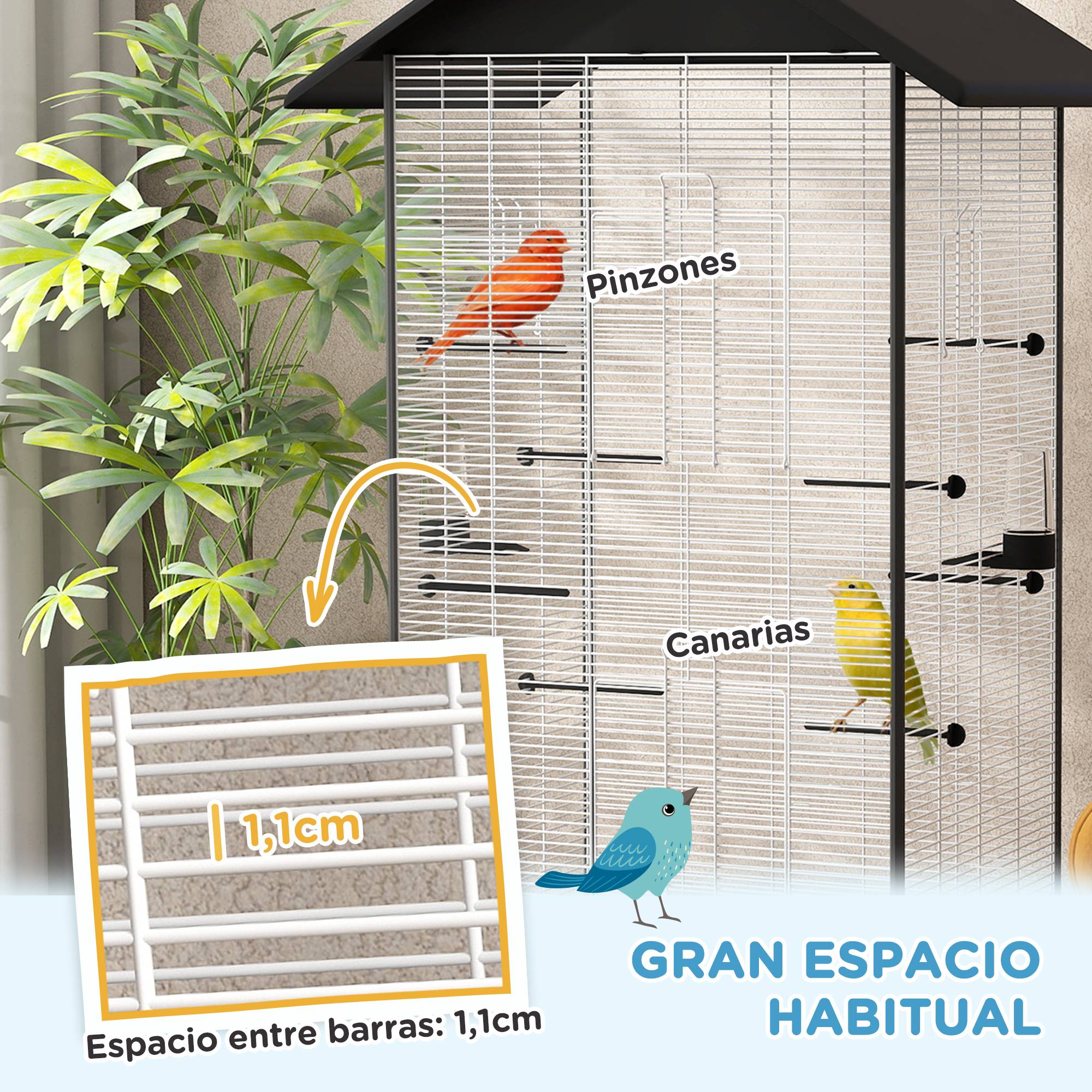 Cage pour oiseaux avec roulettes métalliques Pajarera et portes à plateau amovibles 79 x 65 x 155 cm Noir - Image 6