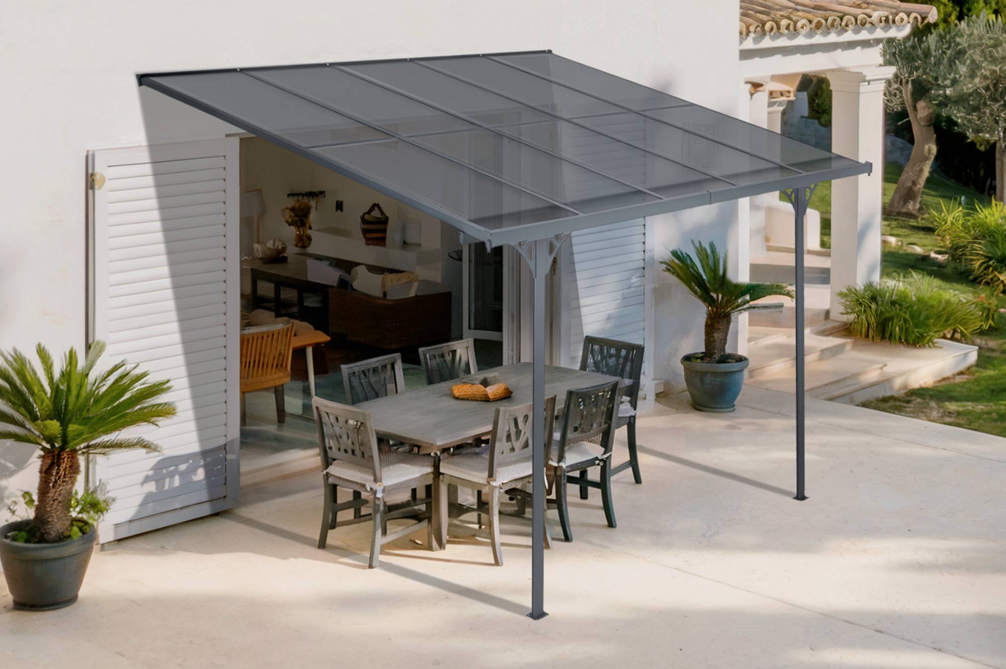 CAZEBOO - Cazeboo Pergola/Carport adossée 9m² KLEO 3x3 m gris - toit terrasse en aluminium et polycarbonate