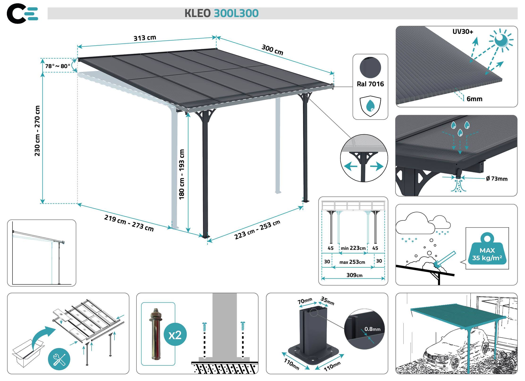 CAZEBOO - Cazeboo Pergola/Carport adossée 9m² KLEO 3x3 m gris - toit terrasse en aluminium et polycarbonate - Image 2