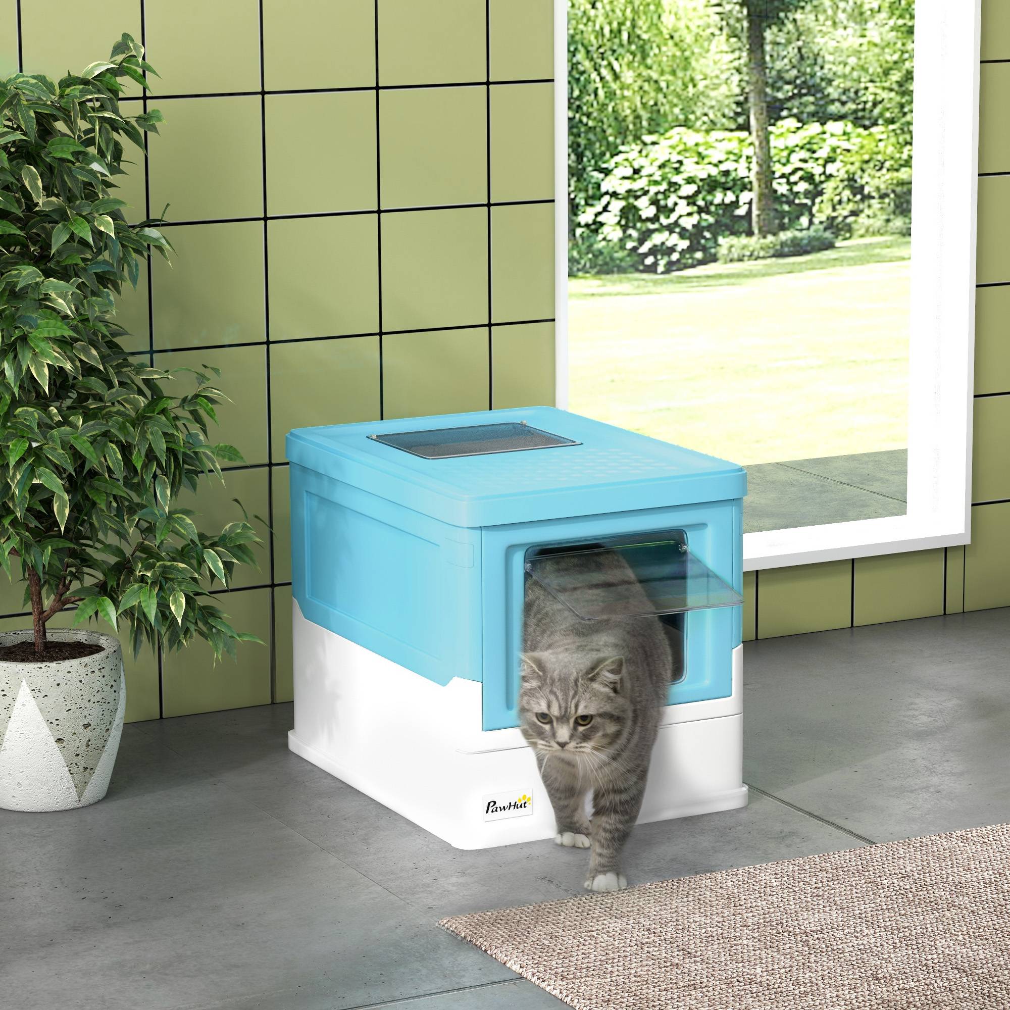 Bac à litière chat bleu pliable avec plateau et pelle amovibles - Image 3