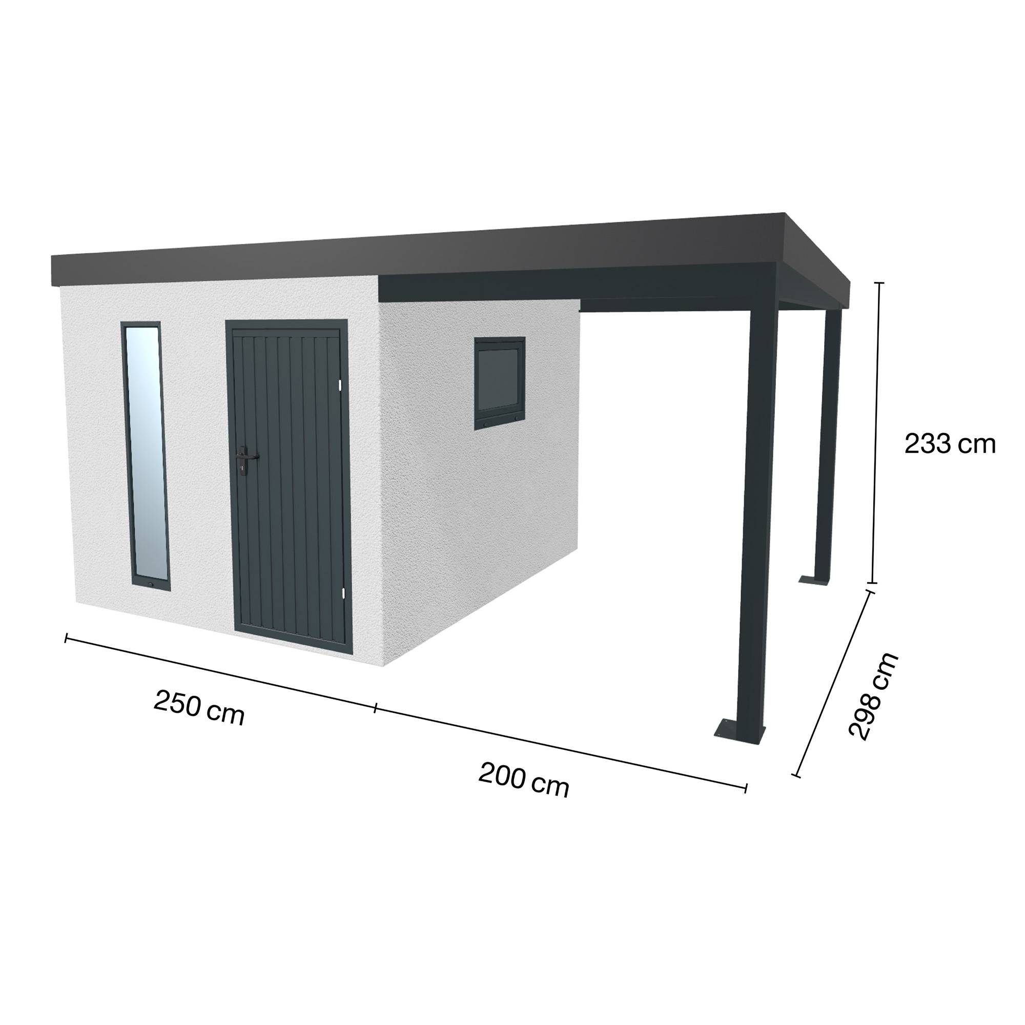 Abri de jardin en métal finition crépi 2500 x 2980 mm blanc avec auvent à droite 2000 x 2980 mm anthracite. - Image 1