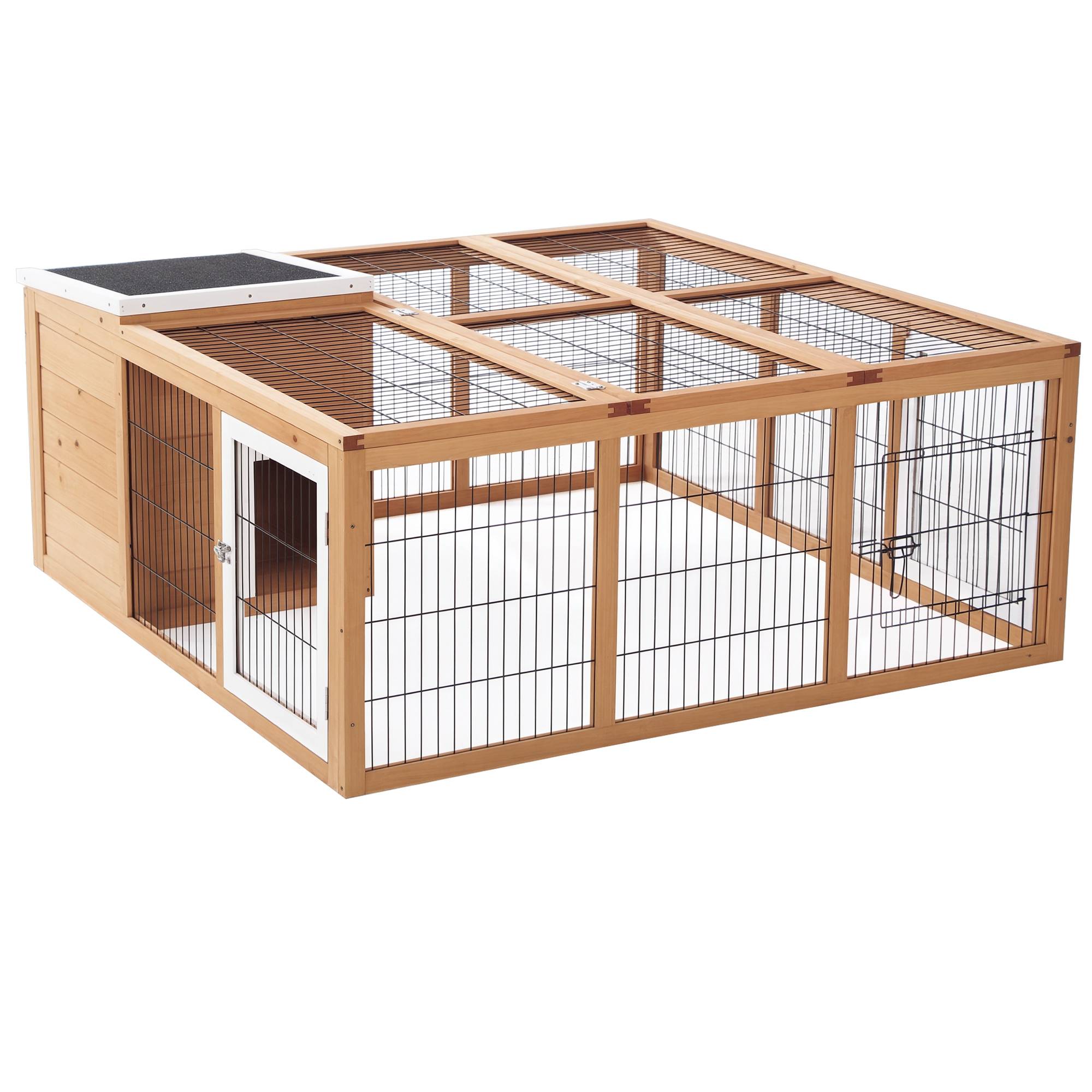 Cage petits animaux avec enclos, toit ouvrant, résistante intempéries, 123 x 120 x 52 cm, brun - Image 1