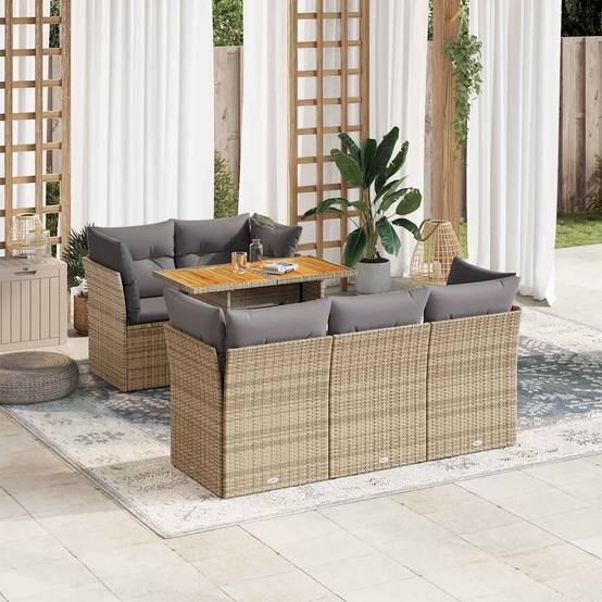 Salon de jardin 6 places beige résine tressée et bois avec rangements et table modulable – ComfortXL Outdoor Living - Image 1